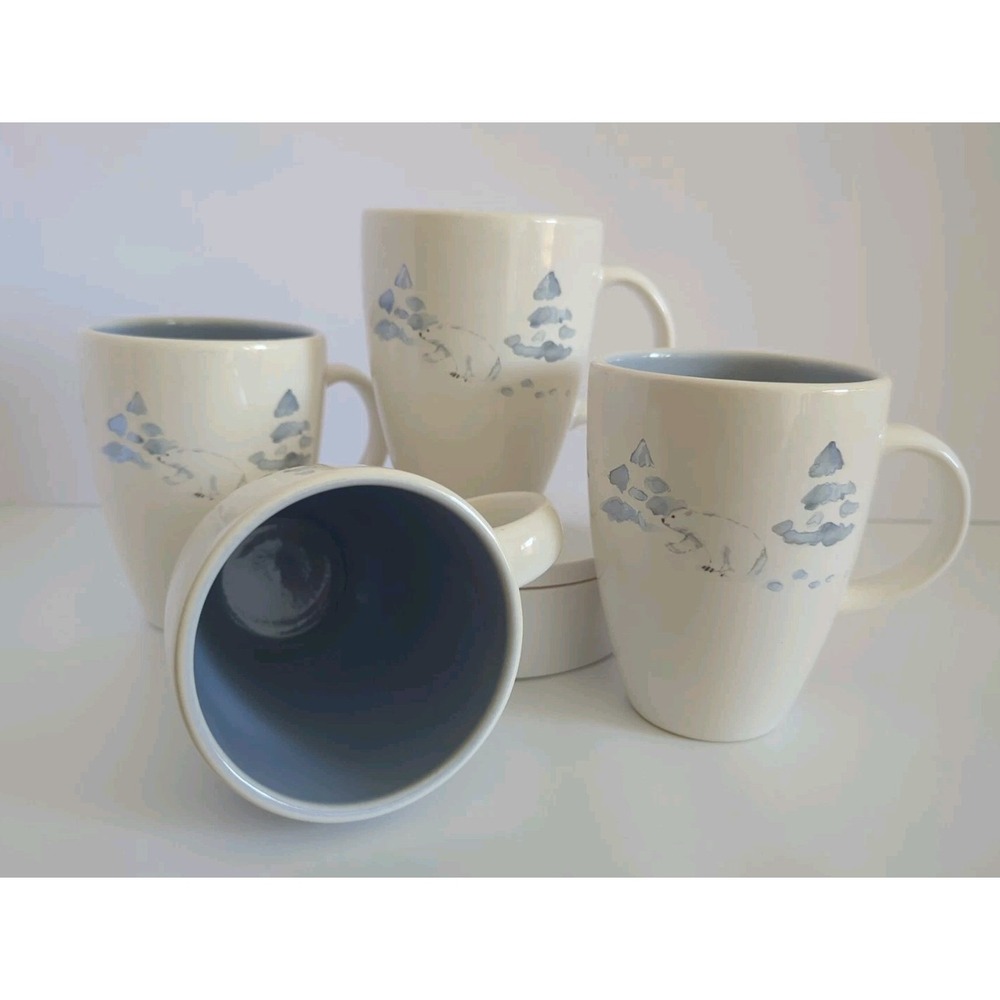 Pfaltzgraff Winter Frost Mugs Set of 4 Polar Bear White Blue Made in USA 4.75in